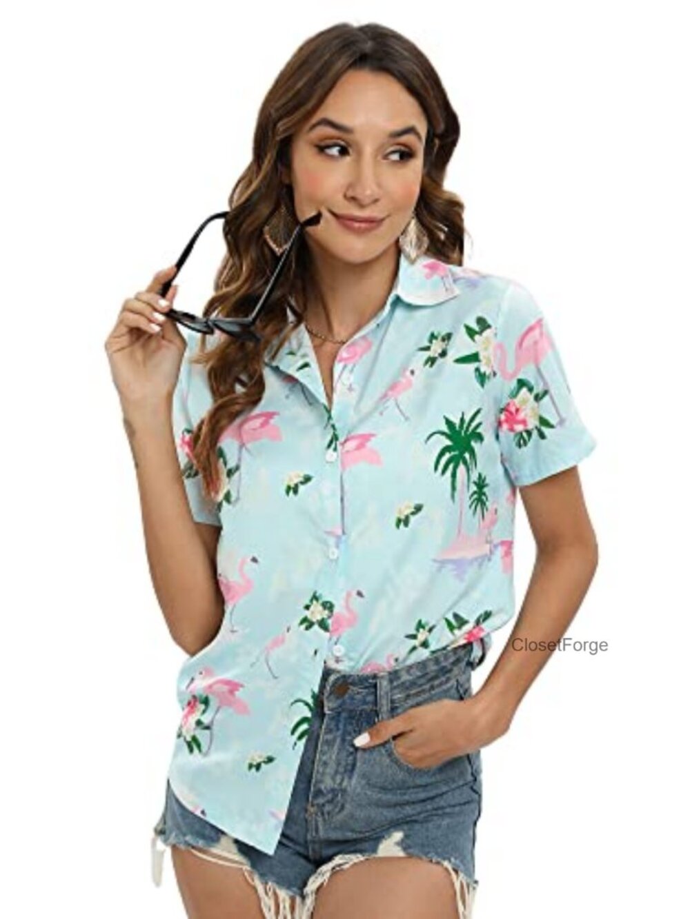 Women's Tropical Casual Button Down Hawaiian Shirt Short Sleeve Floral